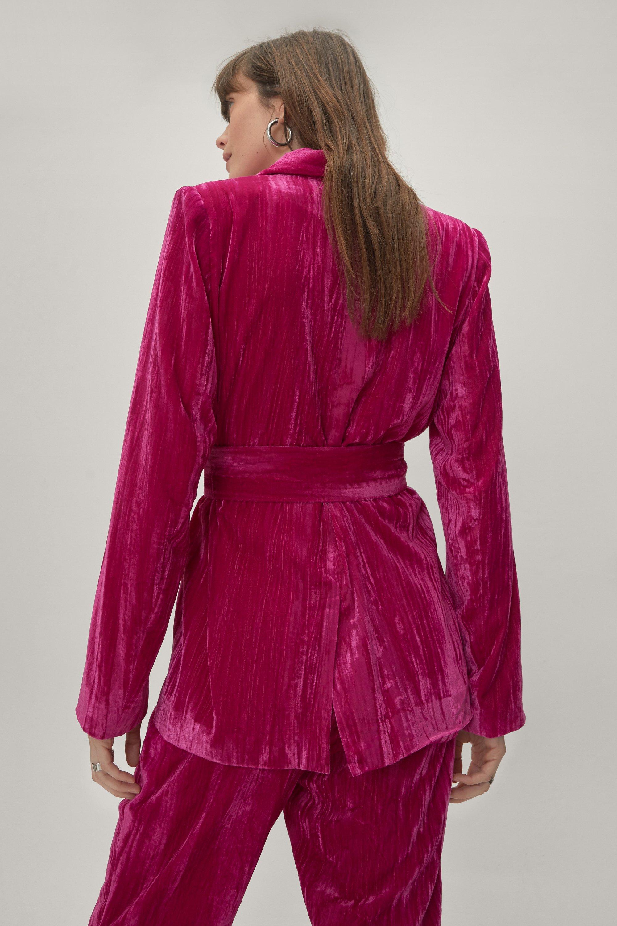 NastyGal Women's Wrap Waist Crushed Velvet Suit Blazer|Size: 8|hot pink